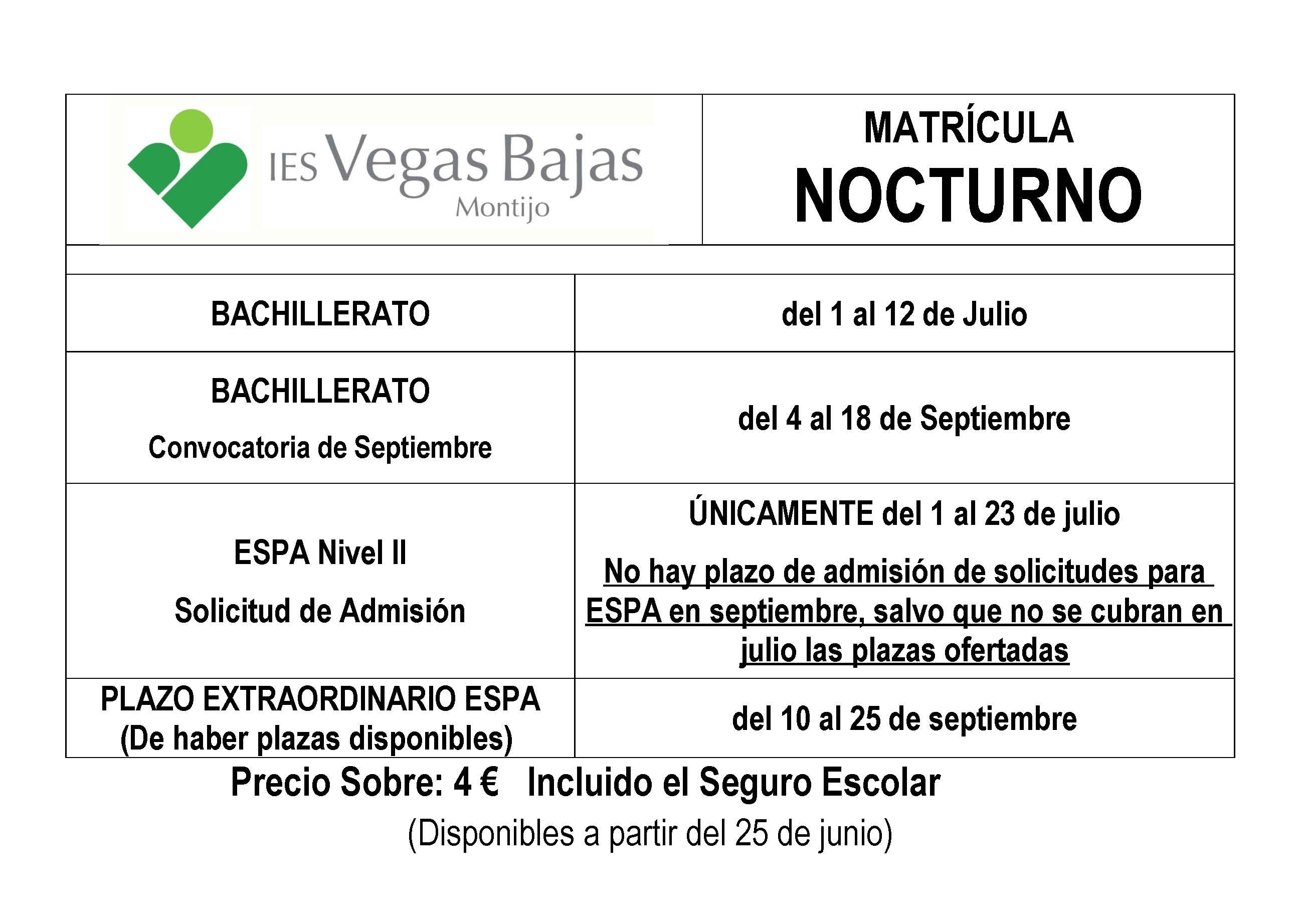 plazos de matricula nocturno 2013 14